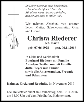 Traueranzeige von Christa Riederer von Ostthüringer Zeitung