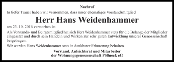 Traueranzeige von Hans Weidenhammer von Ostthüringer Zeitung