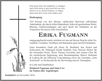 Traueranzeige von Erika Fugmann von Ostthüringer Zeitung