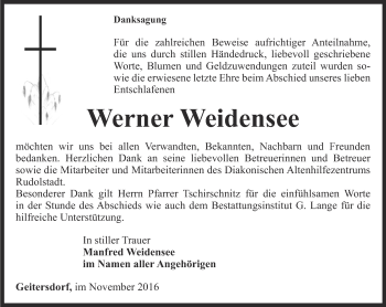 Traueranzeige von Werner Weidensee von Ostthüringer Zeitung