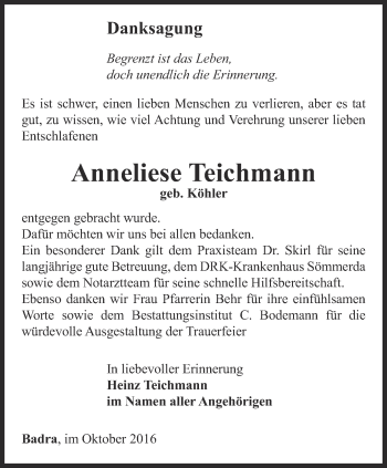 Traueranzeige von Anneliese Teichmann von Thüringer Allgemeine