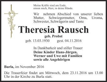Traueranzeige von Theresia Rausch von Ostthüringer Zeitung, Thüringische Landeszeitung