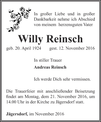 Traueranzeige von Willy Reinsch von Ostthüringer Zeitung, Thüringische Landeszeitung