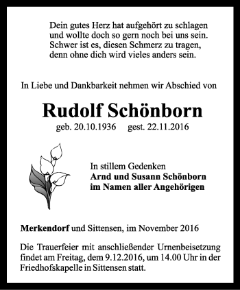 Traueranzeige von Rudolf Schönborn von Ostthüringer Zeitung