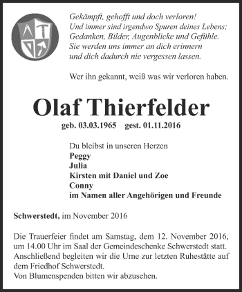 Traueranzeige von Olaf Thierfelder von Thüringer Allgemeine, Thüringische Landeszeitung