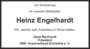 Traueranzeige von Heinz Engelhardt von Thüringer Allgemeine