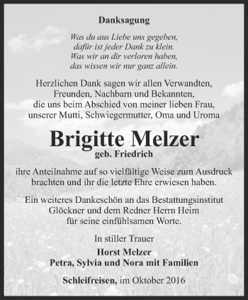 Traueranzeige von Brigitte Melzer von Ostthüringer Zeitung