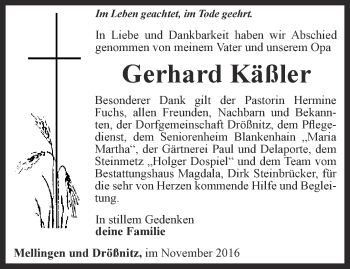 Traueranzeige von Gerhard Käßler von Ostthüringer Zeitung, Thüringische Landeszeitung