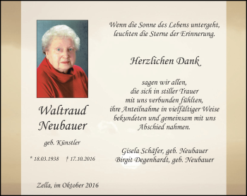 Traueranzeige von Waltraud Neubauer von Thüringer Allgemeine, Thüringische Landeszeitung