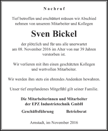 Traueranzeige von Sven Bickel von Thüringer Allgemeine