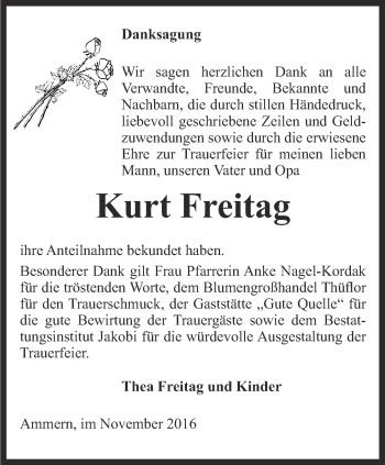 Traueranzeige von Kurt Freitag von Thüringer Allgemeine, Thüringische Landeszeitung