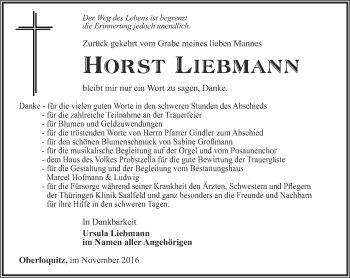 Traueranzeige von Horst Liebmann von Ostthüringer Zeitung