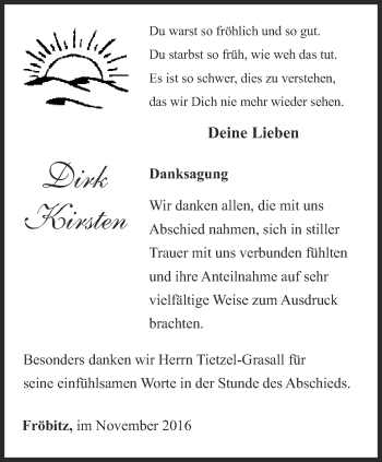 Traueranzeige von Dirk Kirsten von Ostthüringer Zeitung