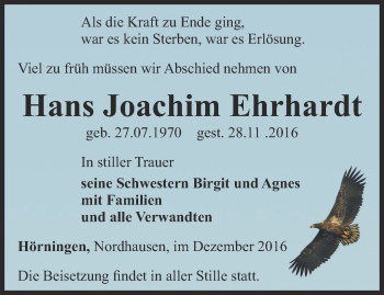 Traueranzeige von Hans Joachim Ehrhardt von Thüringer Allgemeine