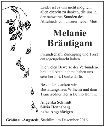 Traueranzeige von Melanie Bräutigam von Thüringer Allgemeine