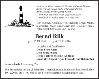 Traueranzeige von Bernd Rilk von Ostthüringer Zeitung, Thüringische Landeszeitung