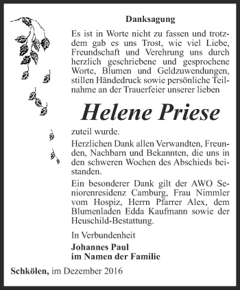 Traueranzeige von Helene Priese von Ostthüringer Zeitung