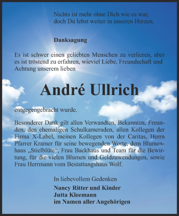 Traueranzeige von André Ullrich von Ostthüringer Zeitung, Thüringische Landeszeitung