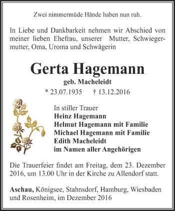 Traueranzeige von Gerta Hagemann von Ostthüringer Zeitung