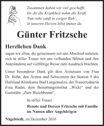 Traueranzeige von Günter Fritzsche von Thüringer Allgemeine, Thüringische Landeszeitung