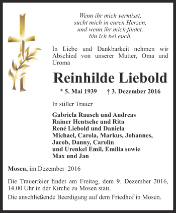 Traueranzeige von Reinhilde Liebold von Ostthüringer Zeitung