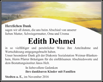 Traueranzeige von Edith Dehmel von Thüringer Allgemeine, Thüringische Landeszeitung