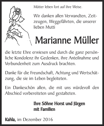 Traueranzeige von Marianne Müller von Ostthüringer Zeitung, Thüringische Landeszeitung