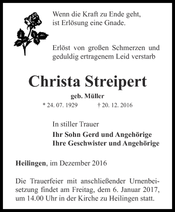 Traueranzeige von Christa Streipert von Ostthüringer Zeitung