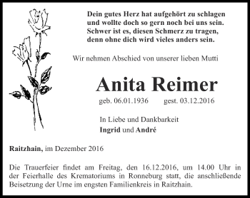 Traueranzeige von Anita Reimer von Ostthüringer Zeitung