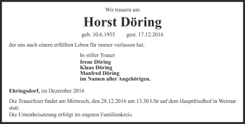 Traueranzeige von Horst Döring von Thüringer Allgemeine, Thüringische Landeszeitung