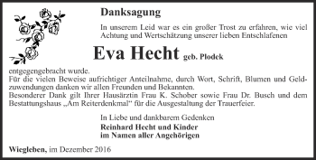 Traueranzeige von Eva Hecht von Thüringer Allgemeine, Thüringische Landeszeitung