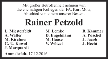Traueranzeige von Rainer Petzold von Ostthüringer Zeitung