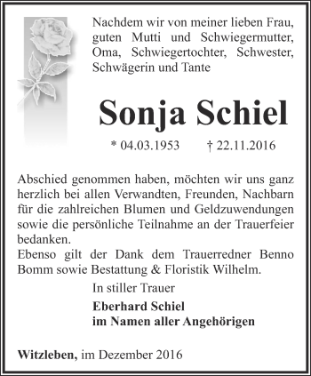 Traueranzeige von Sonja Schiel von Thüringer Allgemeine