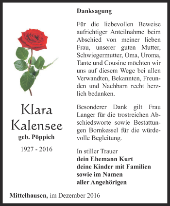 Traueranzeige von Klara Kalensee von Thüringer Allgemeine, Thüringische Landeszeitung