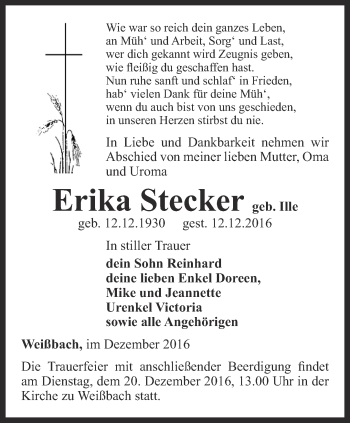 Traueranzeige von Erika Stecker von Ostthüringer Zeitung