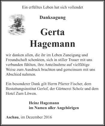 Traueranzeige von Gerta Hagemann von Ostthüringer Zeitung