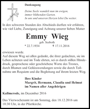 Traueranzeige von Emmy Wieg von Thüringer Allgemeine