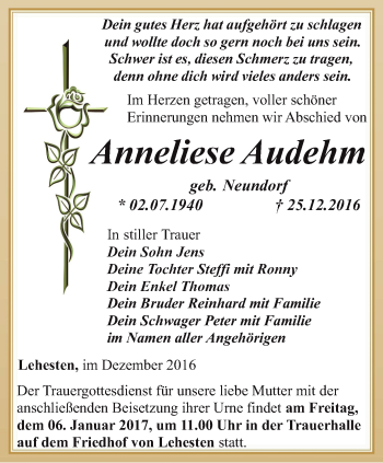 Traueranzeige von Anneliese Audehm von Ostthüringer Zeitung