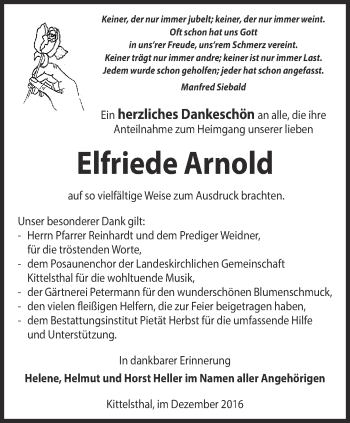 Traueranzeige von Elfriede Arnold von Thüringer Allgemeine, Thüringische Landeszeitung