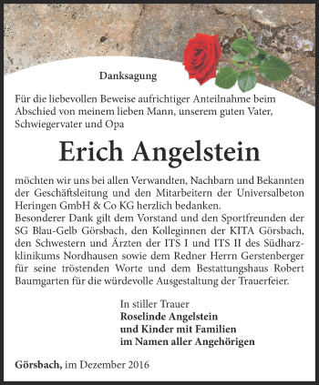 Traueranzeige von Erich Angelstein von Thüringer Allgemeine