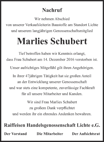 Traueranzeige von Marlies Schubert von Ostthüringer Zeitung