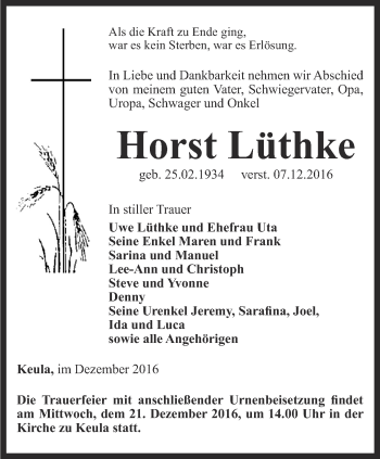 Traueranzeige von Horst Lüthke von Thüringer Allgemeine, Thüringische Landeszeitung