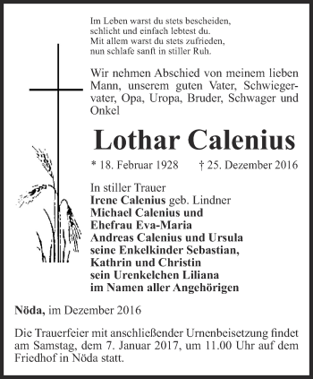 Traueranzeige von Lothar Calenius von Thüringer Allgemeine, Thüringische Landeszeitung