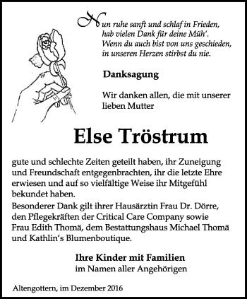 Traueranzeige von Else Tröstrum von Thüringer Allgemeine, Thüringische Landeszeitung