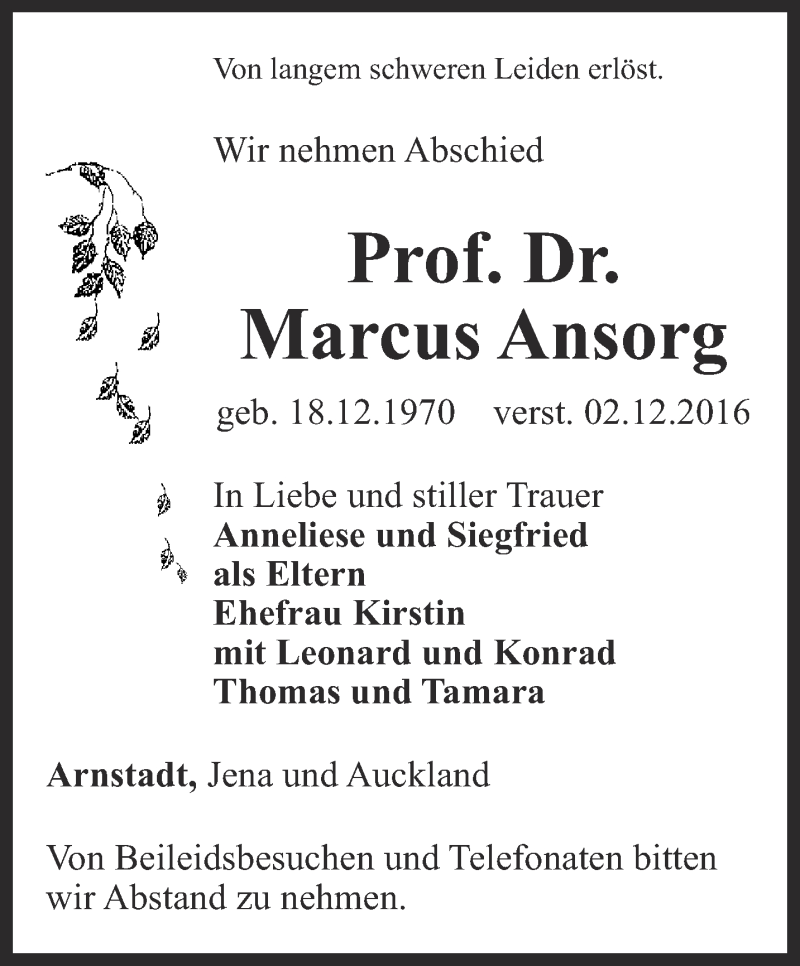  Traueranzeige für Marcus Ansorg vom 07.12.2016 aus Thüringer Allgemeine
