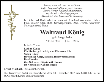 Traueranzeige von Waltraud König von Thüringer Allgemeine, Thüringische Landeszeitung