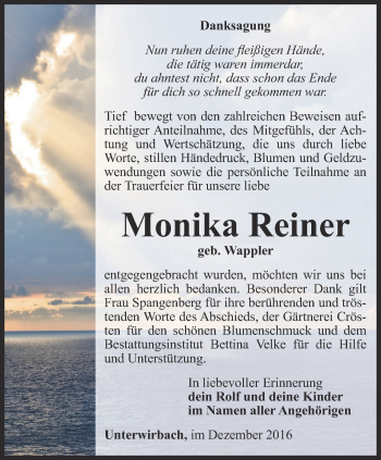 Traueranzeige von Monika Reiner von Ostthüringer Zeitung