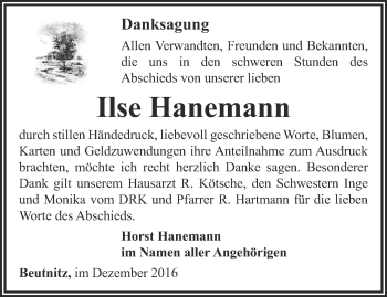 Traueranzeige von Ilse Hanemann von Ostthüringer Zeitung, Thüringische Landeszeitung