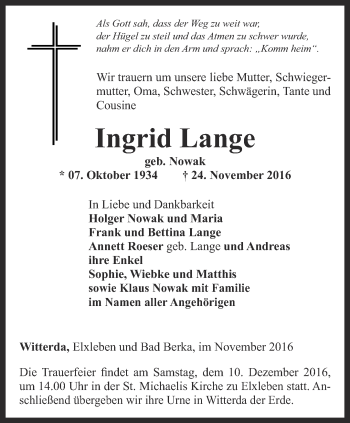 Traueranzeige von Ingrid Lange von Thüringer Allgemeine, Thüringische Landeszeitung