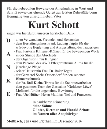 Traueranzeige von Kurt Schott von Ostthüringer Zeitung